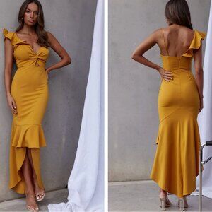 Pearl Ruffle Strap Twist Bust Dress – Mustard – Size S – NWT